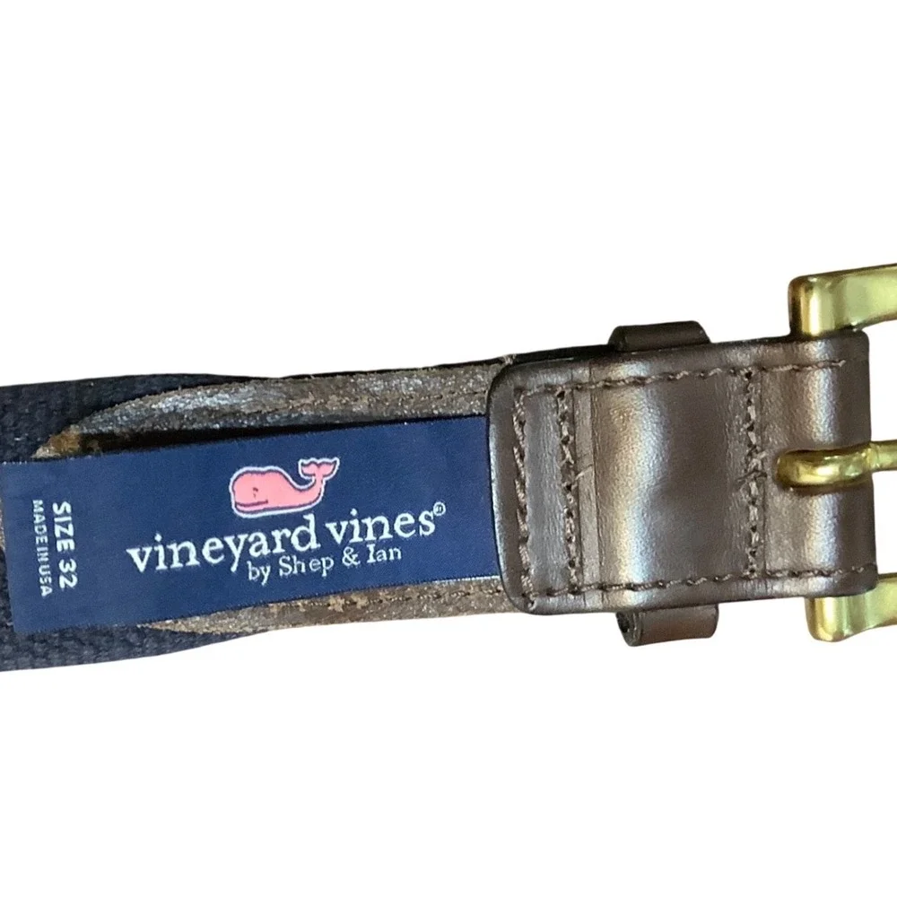 Vineyard Vines Mens Canvas Club Belt Size 32‎ Navy Pink Crab Leather Brass USA